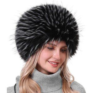Women's Black & White Winter Faux Fur Cossak Russian Style Hat Warm Cap